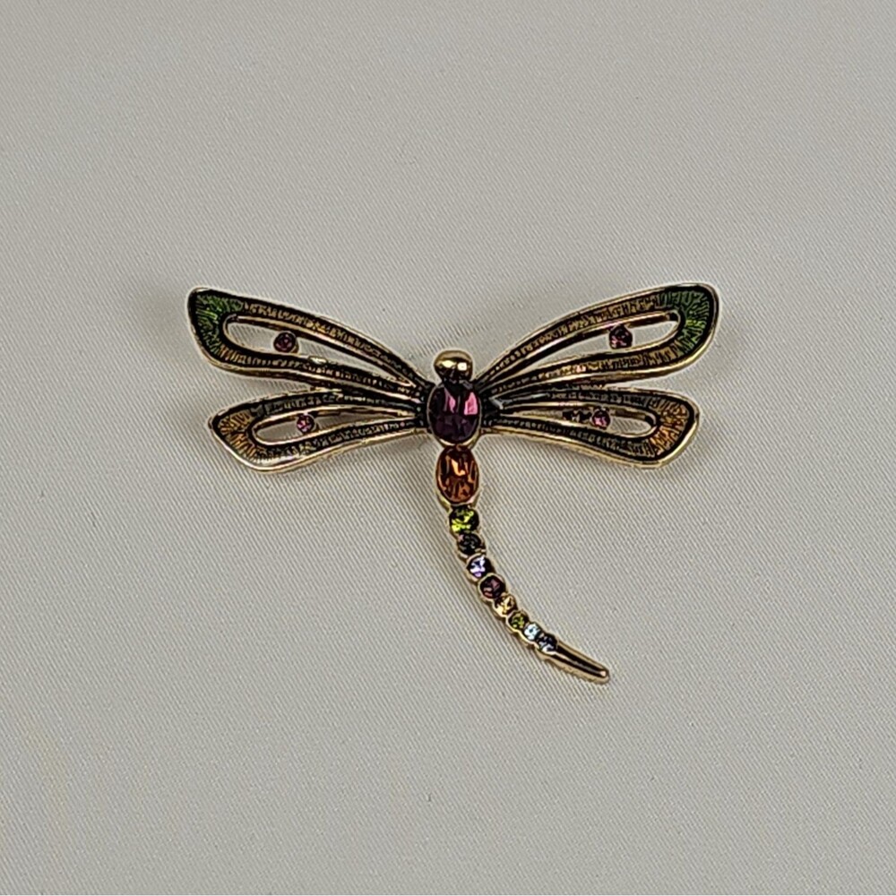 Vintage Monet Multicolor Rhinestone Dragonfly Brooch Gold Tone 2"